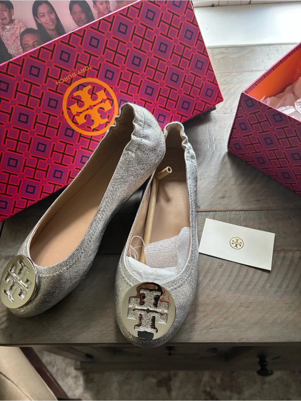 Tory Burch Minnie Travel Silver Ballet Flats 5.5
